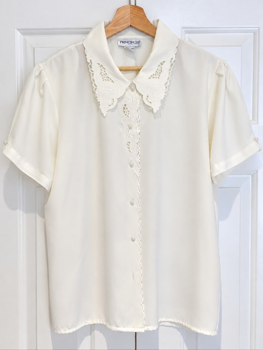 Vintage Cottagecore Coquette Principles Blouse Ivory Lace Collar Top M/L Fairy